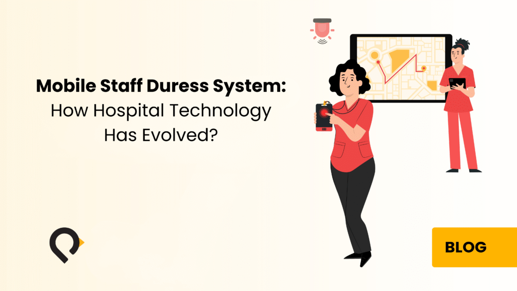 Nurse using mobile staff duress systems wearable badge in a Canadian hospital