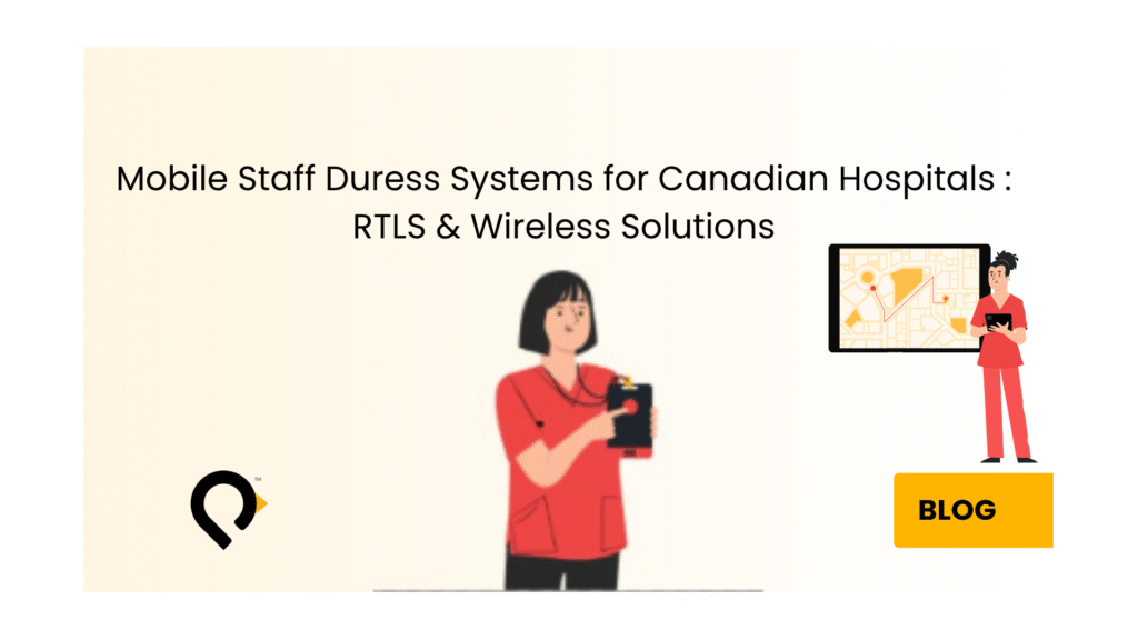 Nurse using mobile staff duress systems wearable badge in a Canadian hospital