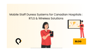 Nurse using mobile staff duress systems wearable badge in a Canadian hospital