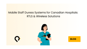 Nurse using mobile staff duress systems wearable badge in a Canadian hospital
