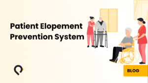 Patient elopement prevention system illustration showing a nurse assisting an elderly patient near a hospital exit