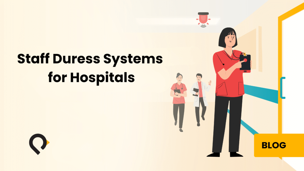 Illustration of staff duress systems for hospitals showing medical staff using an emergency alert device in a hospital corridor