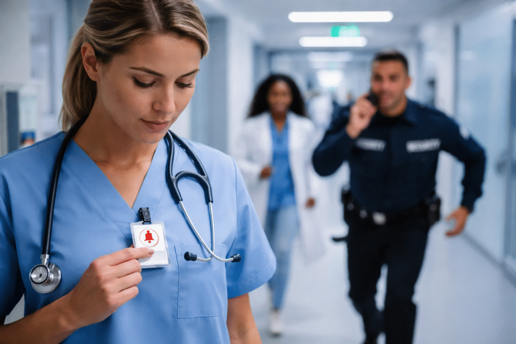 Healthcare worker using a staff duress panic button system in a hospital while security responds to an emergency alert