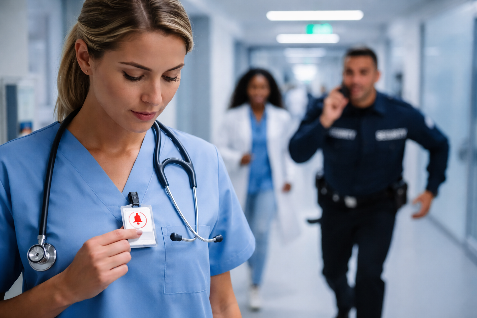 Healthcare worker using a staff duress panic button system in a hospital while security responds to an emergency alert