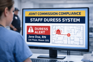 Healthcare security dashboard displaying Joint Commission compliant staff duress alert and real-time hospital location tracking