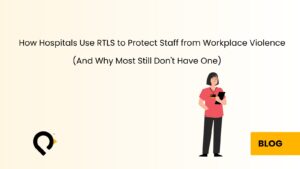 Healthcare worker wearing a staff duress system Canada badge in a Canadian hospital corridor