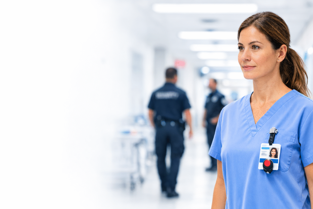 Nurse wearing a staff duress panic button badge in a hospital corridor