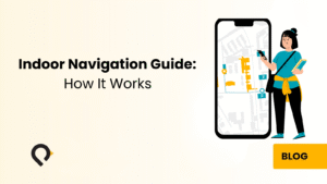 Indoor navigation guide illustration showing a person using a mobile map for indoor navigation inside a building