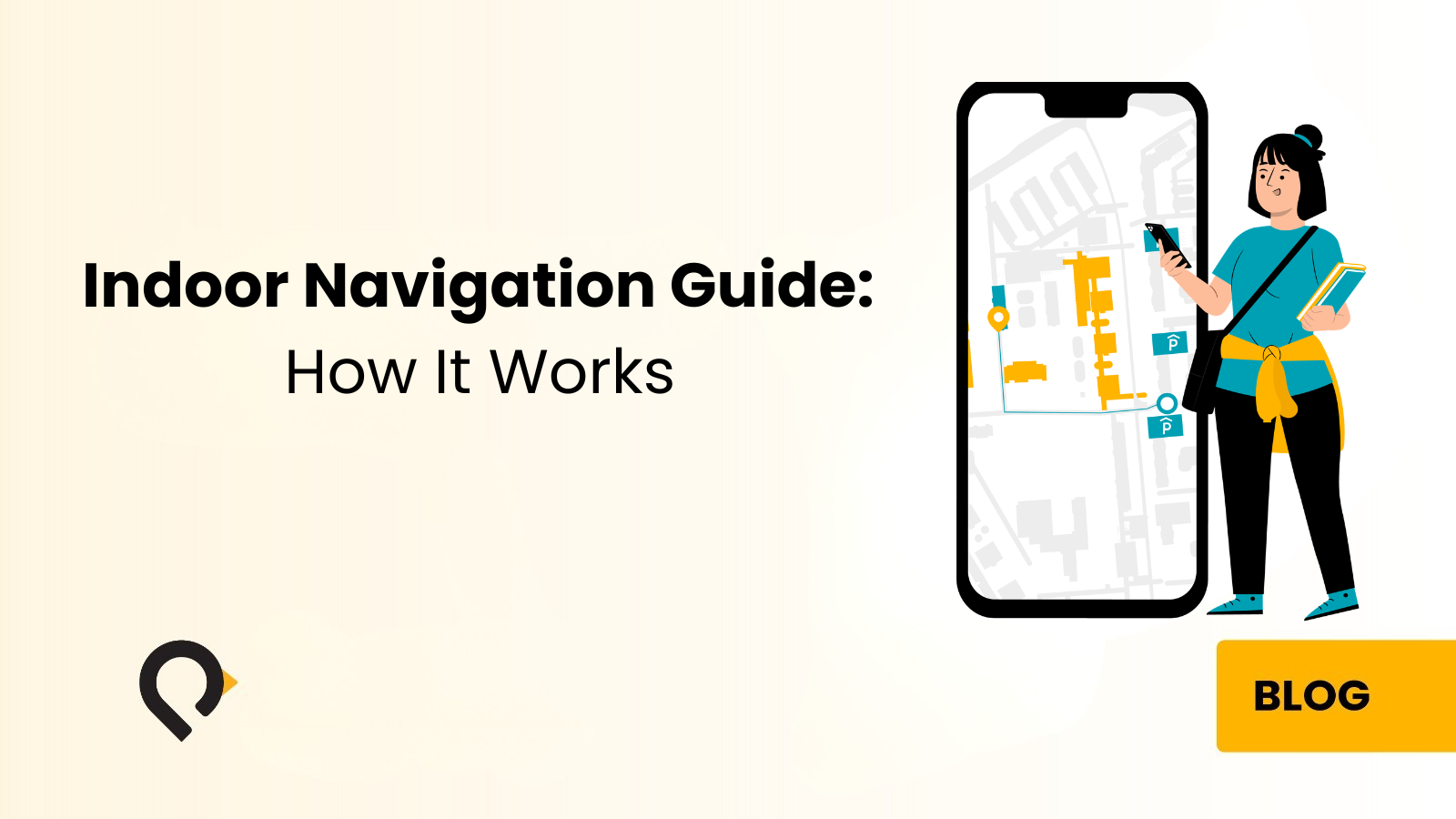 Indoor navigation guide illustration showing a person using a mobile map for indoor navigation inside a building